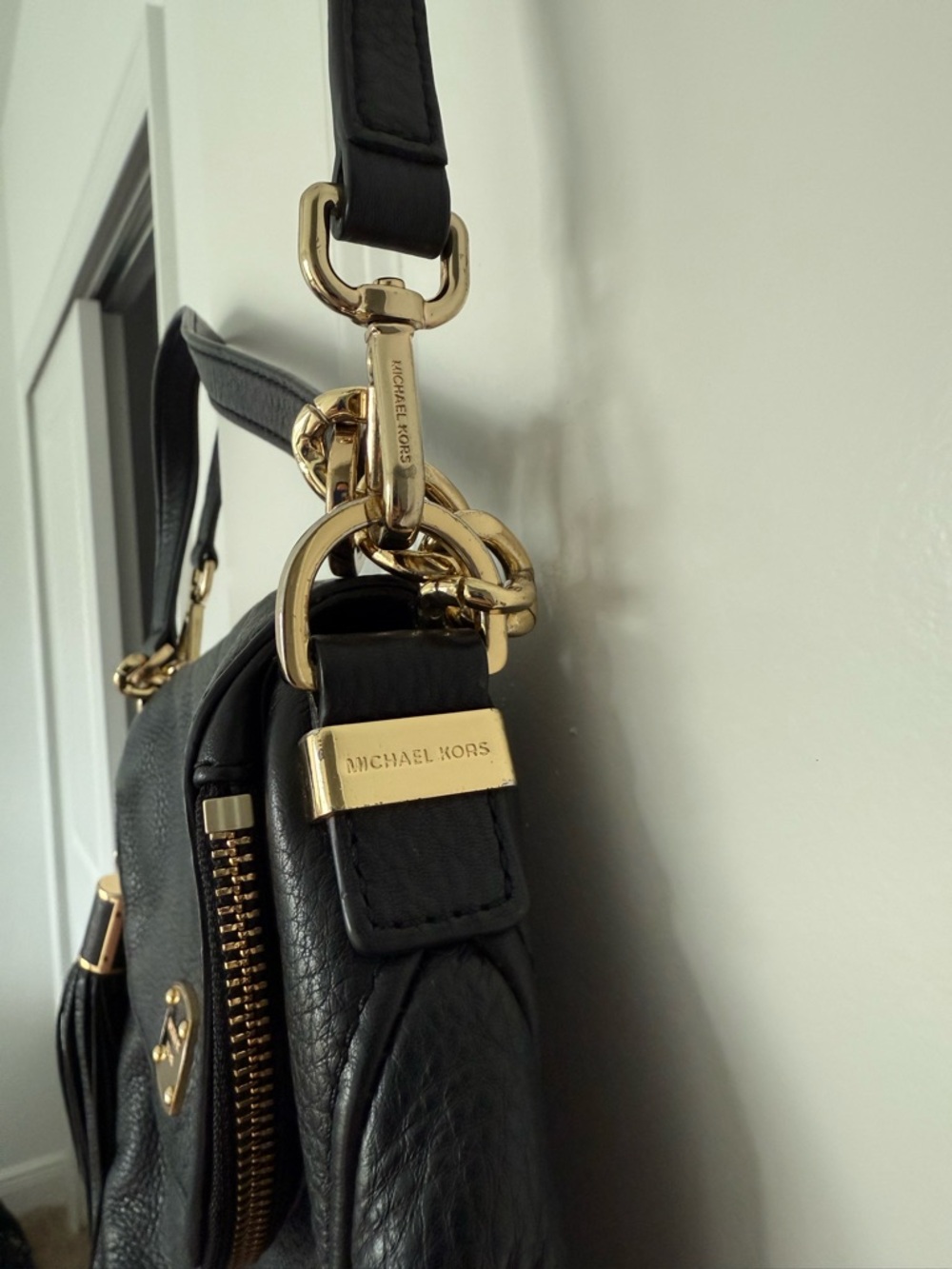 Michael Kors Black Leather Crossbody with Gold Plaque and Tassel - Picture 4 of 8